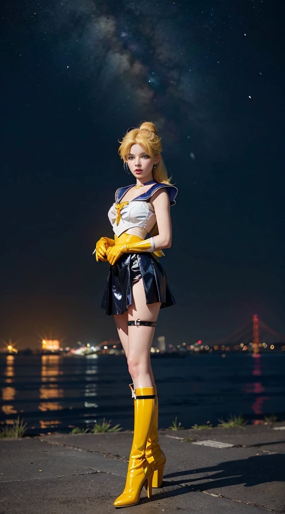 ((masterpiece:1.4)、(top-quality:1.4)、(reallistic:1.7))、masuter piece:1.4、a beauty girl、(sailormoon:1.4)、Sexy female combat suit sticking to body、(latex shiny)、(The jacket is a white sleeveless sailor suit)、(Skirt is blue sexy ultra ultra mini skirt)、The collar of the sailor suit is blue with two thin lines.、Red cloth ornament at chest、(Wearing white gloves)、Kawaii Girl、Super beauty、foco nítido、Portrait photos、(Full body shooting:1.4)、beautiful countenance、beautidful eyes、Narrow waist、(Yellow hair:1.4)、poneyTail、Raw photo、red-lips、Red boots:1.4、a choker:1.4、a necklace:1.4、耳Nipple Ring:1.4、1 screen display、Outdoor landscape