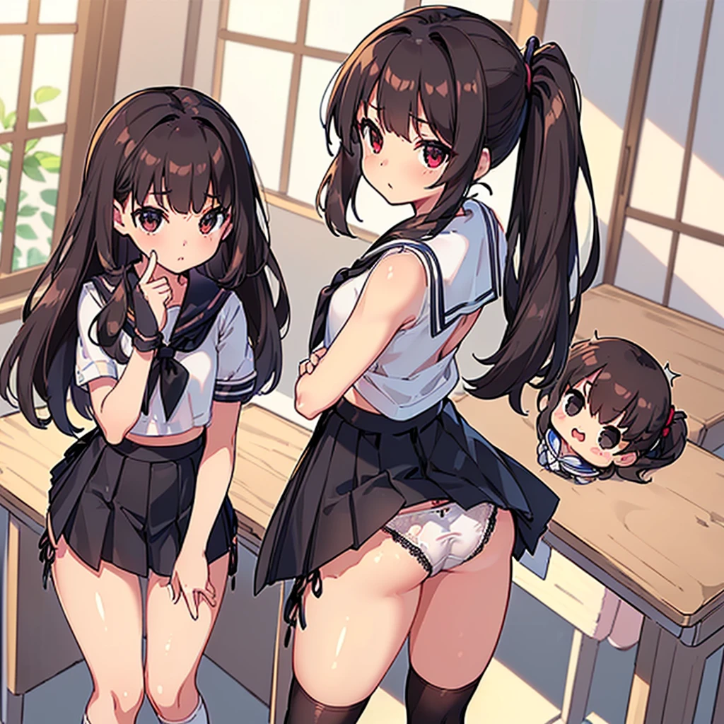 (((masterpiece, Highest quality, High resolution, 超High resolution, Pixel perfect, Written boundary depth, 4K, RTTX10.0, High resolution))), Beautiful Anime Women, Beautiful art style, Anime characters, ((Long Hair, bangs, Dark brown hair, ponytail)), ((Smooth texture, Realistic texture, Anime CG Style)), Perfect body, (Slender body:1.2), Exact finger count、Exact number of legs、(Exact number of arms:1.0, Exact number of hands:1.0), (Three women standing side by side, Lean your torso against the table to expose your buttocks., Angle from above the back:1.3), (Fashionable white shirt, Sailor collar, Knee-high socks, loafers, Pleated mini skirt:1.3), Realistic, Highest quality, High resolution, Perfect lighting, Highly detailed CG, (Perfect hands, Perfect Anatomy), (School classroom:1.3), Daytime lighting, whole body, ((Stylish shiny satin panties, side-tie white panties, Black lace trim :1.3)), (Beautiful and thin thighs、Beautiful little ass:1.3),cum in pussy,nsfw