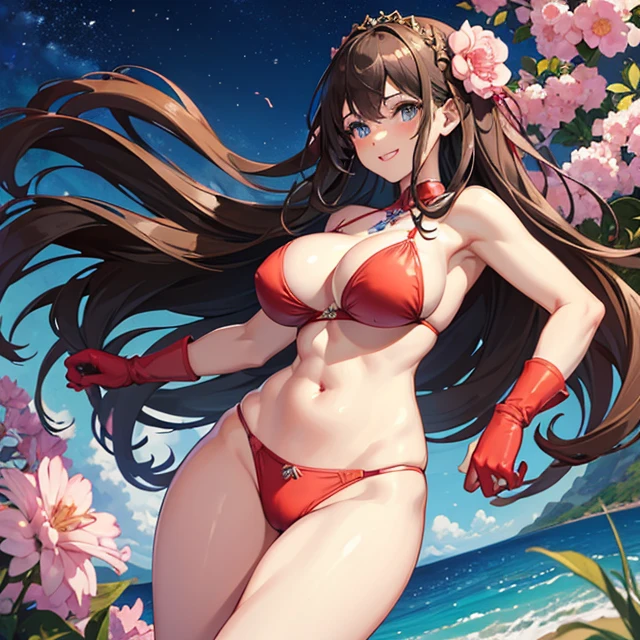 (masterpiece image, very detailed image, best high quality high definition image), solo character, back view
High very detailed Quality image
1girl, 28 years old girl, dark brown skin, blue grey eyes, smiling, carefree demeanor, absolute feminine beauty, long dark brown hair tied on braid, pink flower at left side of the hair, thin pale mouth lips, big breasts, beautiful arms, red gloves, beautiful legs, (red bikini)
Walking at the lake shore