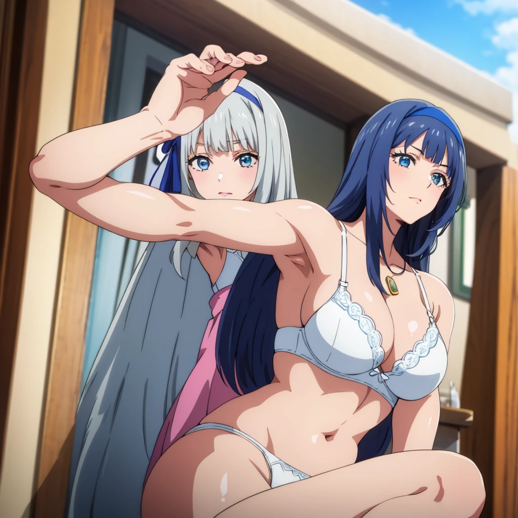 White panties、White bra、In underwear、masterpiece, highest quality, 8K,Mylene HFV4, Anime Coloring, One girl, jewelry, hair band, blue hair band,Very long hair,Pink
