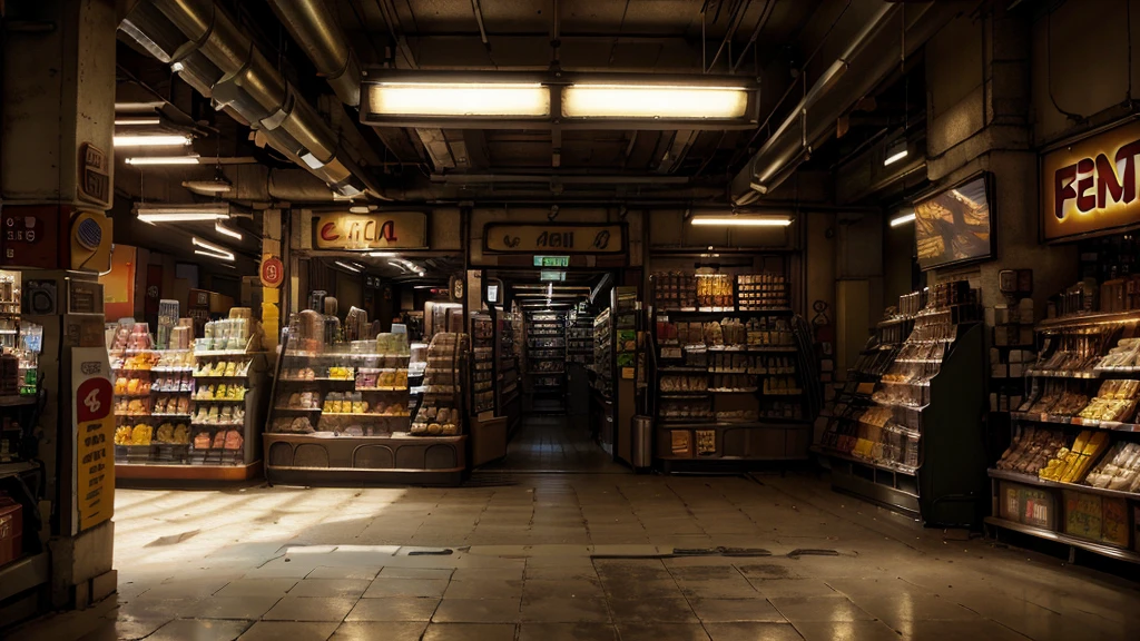 aisles of a convenience store, 7-eleven store, store steampunk, people shopping, Canon, Fujifilm, Wide-Angle, panorama, first-person view, reflection light, ray tracing, 16k, 8k, highres, best quality, award winning, high quality, super detail, high details, masterpiece, accurate