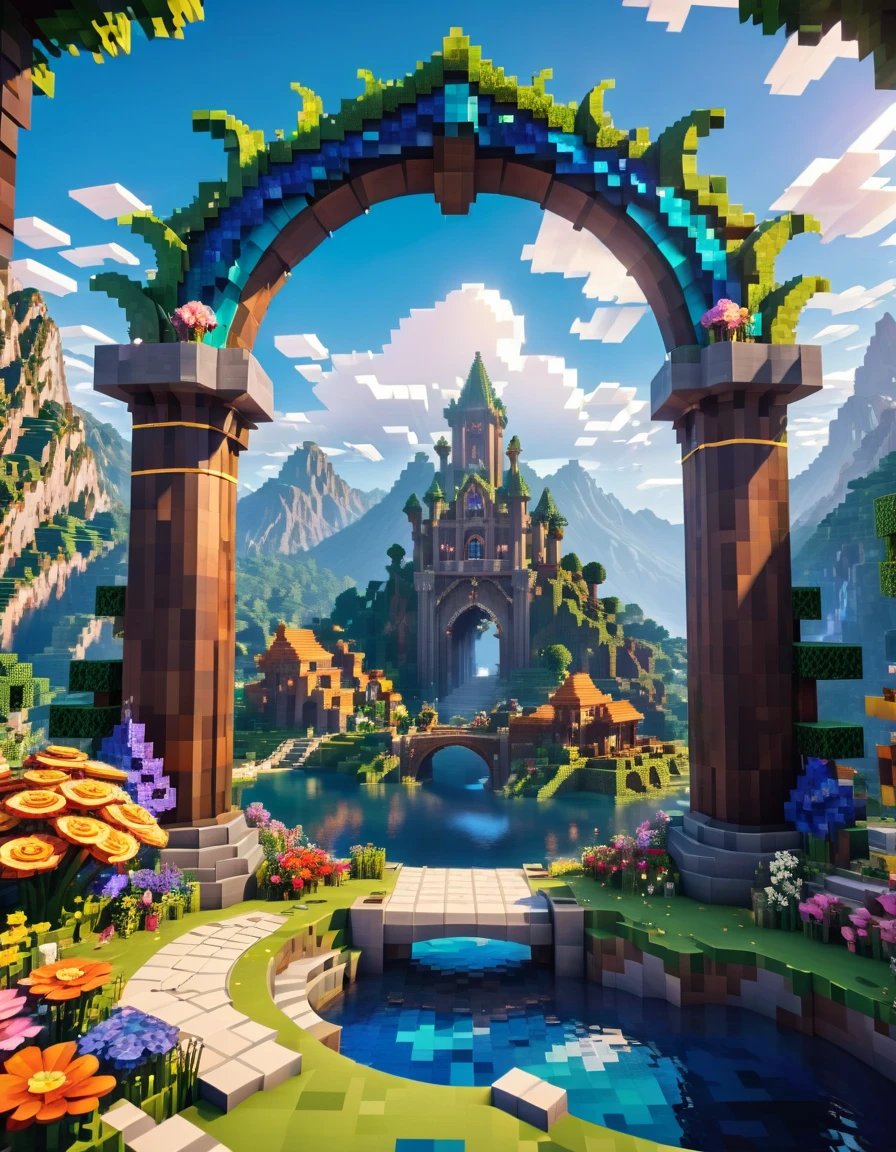 minecraft style (ultrarealistic:1.3), (tiro distante através of a arco etéreo:1.2) of a (Big Tall Fairy Booth) with round windows, environment artwork, environment art, (elegant decorations), (mystic river), (comely:1.4), (appealing:1.3), Epic snowy mountains, Summer nature, blocked, pixelated, swirly vibrant colors, (Angry pixel dragon amidst the romantic sky:1.3), flowers