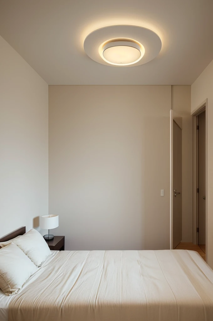 Design a minimalist beige wall back panel for a bedroom with curvilinear shapes seamlessly continuing on two adjacent walls. Incorporate profile lights on the ceiling to enhance the modern aesthetic. Add subtle, minimalist artwork within the curves to maintain a sleek look. Ensure the design emphasizes simplicity and contemporary elegance.