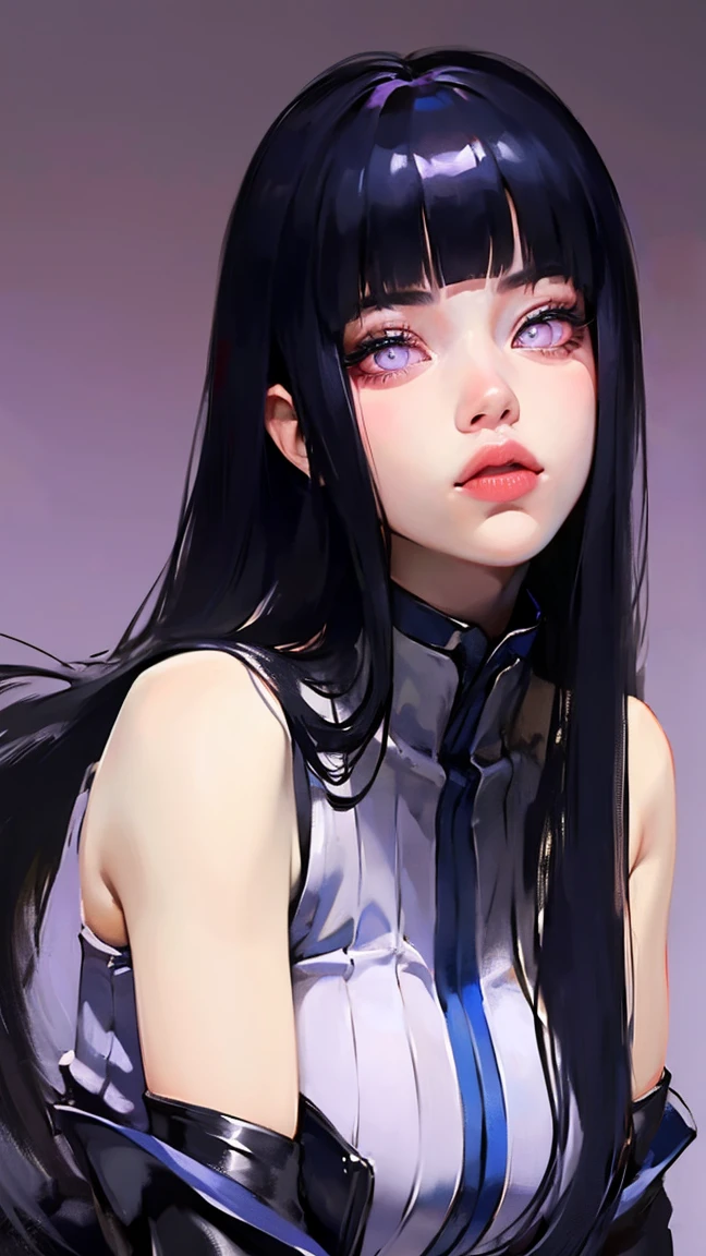 1girl, close up of face, adult, Hinata Hyuga, the last, shy girl, long black hair, blunt bangs, dark hair, Voluminous hair, lavender eyes, no pupils, Lavender Sleeveless Blouse, long black boots, navy blue shorts, Black translucent stockings, holster, bandage on thigh, open sandals, big breasts, wide hips, shapely legs, slim waist, masterpiece, best quality, Professional, realistic.