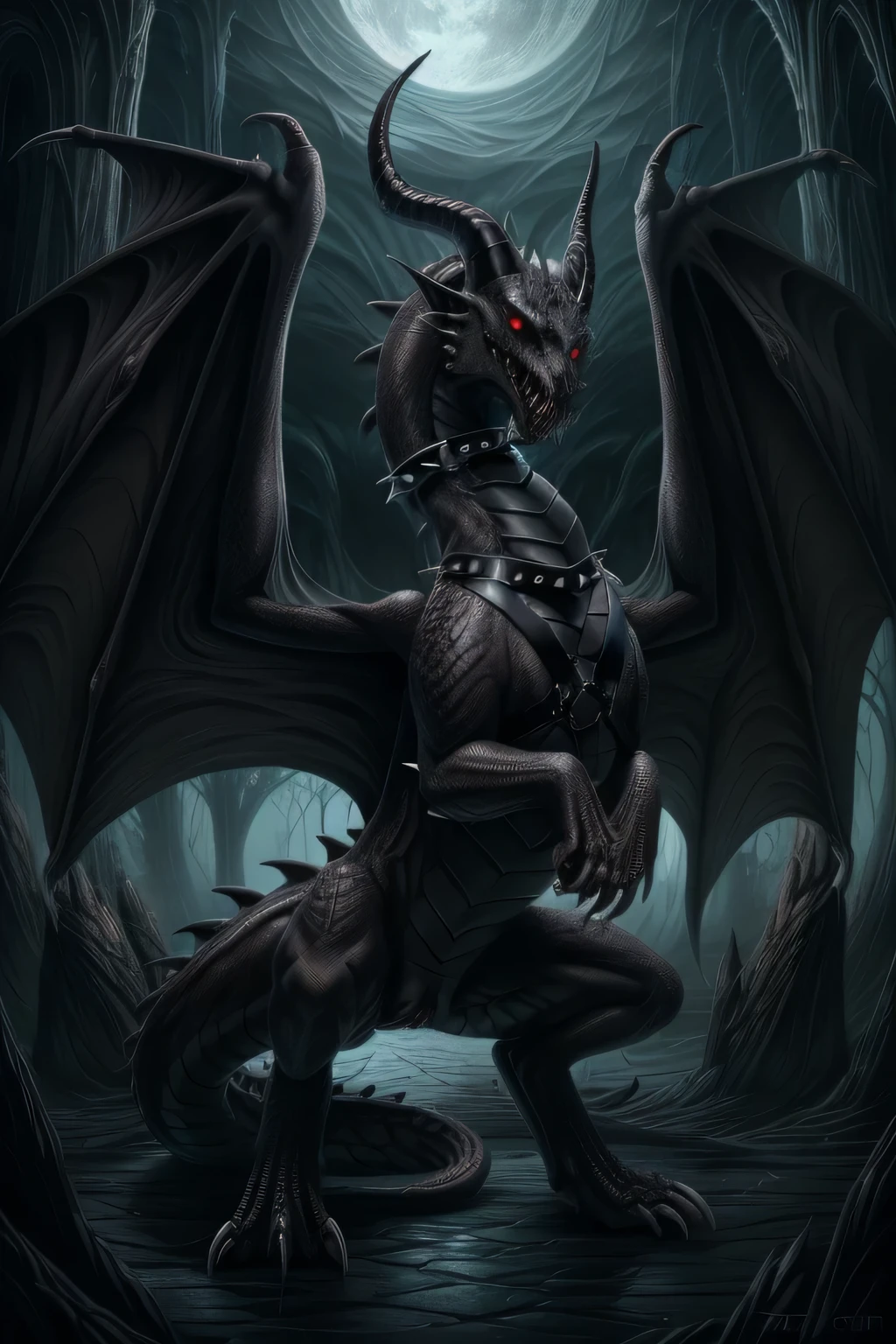abyss monster, monster, half-dragon, horror, female, feral, black smooth fur, webbed wings, claws, horns, black eyes, feline body, fangs, vagina, feline pussy, leather harness, full body, spiked collar, Detailed body fur, three-quarter view, masterpiece