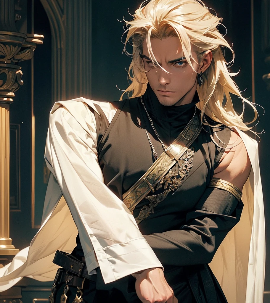 (((Solo character image.))) (((Generate a single character image.))) (((Dressed in medieval fantasy attire.))) (((Very facial expression.))) Generate a male fantasy character who is a good looking, handsome criminal. He is a shifty and suspicious individual who is untrustworthy and somewhat sinister. But he is a confidence trickster. Shoulder-length blond hair. He looks like a dangerous man. Handsome. Intense stare. He looks like a very male villain for a fantasy setting. ((( attractive.))) (((Looks like a , muscular male model for a fantasy setting.)))
