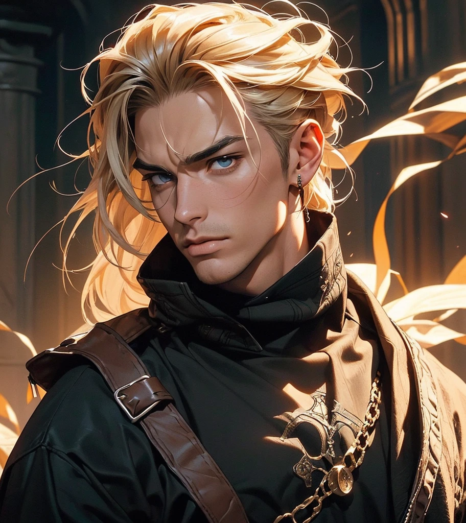(((Solo character image.))) (((Generate a single character image.)))  (((Dressed in medieval fantasy attire.))) (((Very sexy facial expression.))) Generate a male fantasy character who is a good looking, handsome criminal.  He is a shifty and suspicious individual who is untrustworthy and somewhat sinister.  But he is a confidence trickster. Shoulder-length blond hair.  He looks like a dangerous man.  Handsome.  Intense stare.  He looks like a very sexy male villain for a fantasy setting.  (((Sexually attractive.)))  (((Looks like a sexy, muscular male model for a fantasy setting.)))