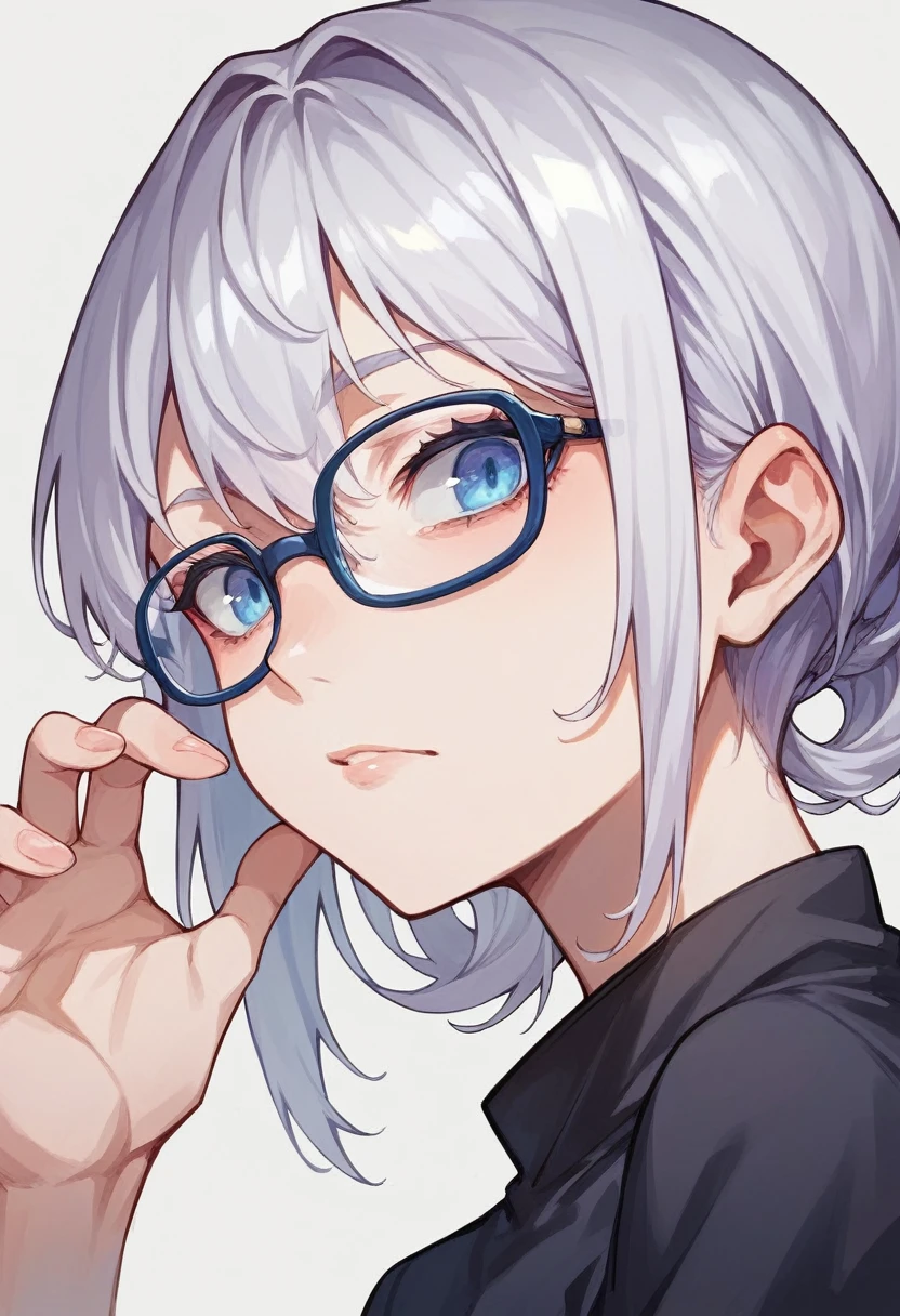 Anime girl, short black, yellow, purple, and white hair, blue eyes, thin rimmed glasses, 