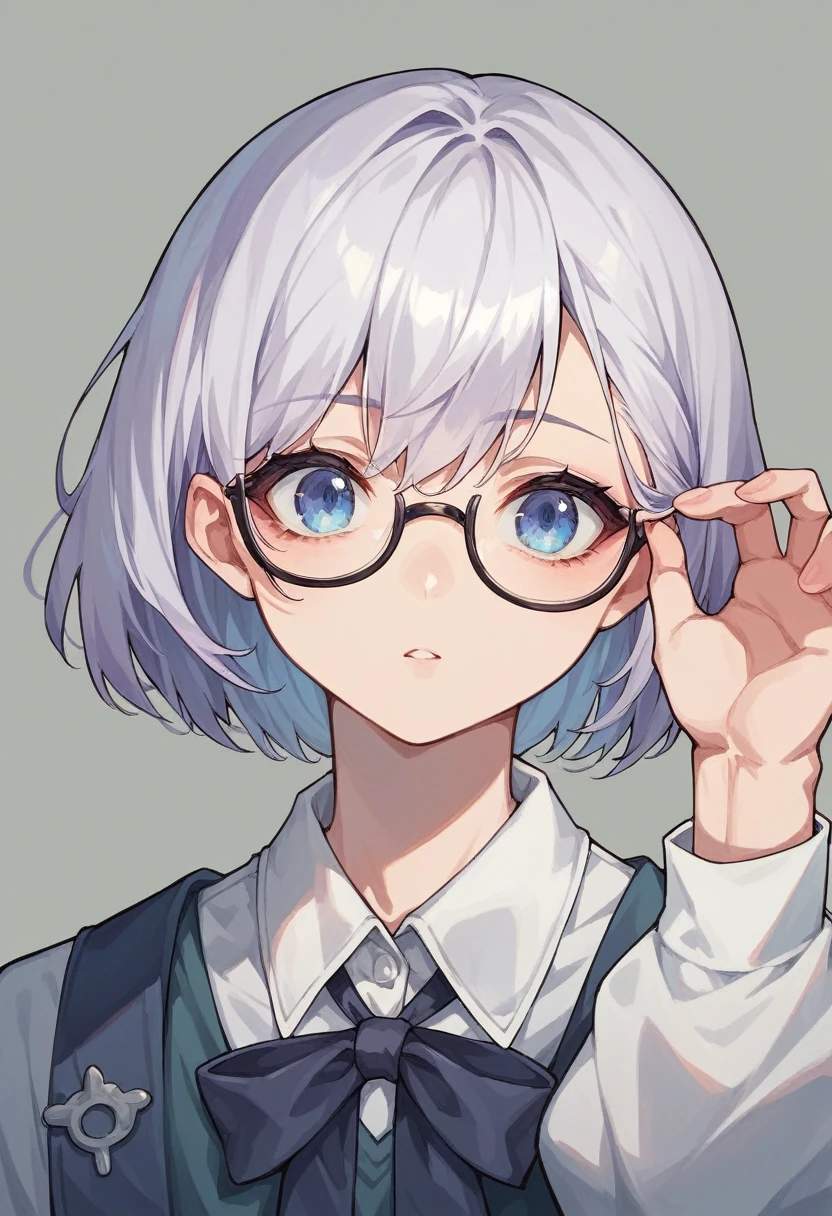 Anime girl, short black, yellow, purple, and white hair, blue eyes, thin rimmed glasses,