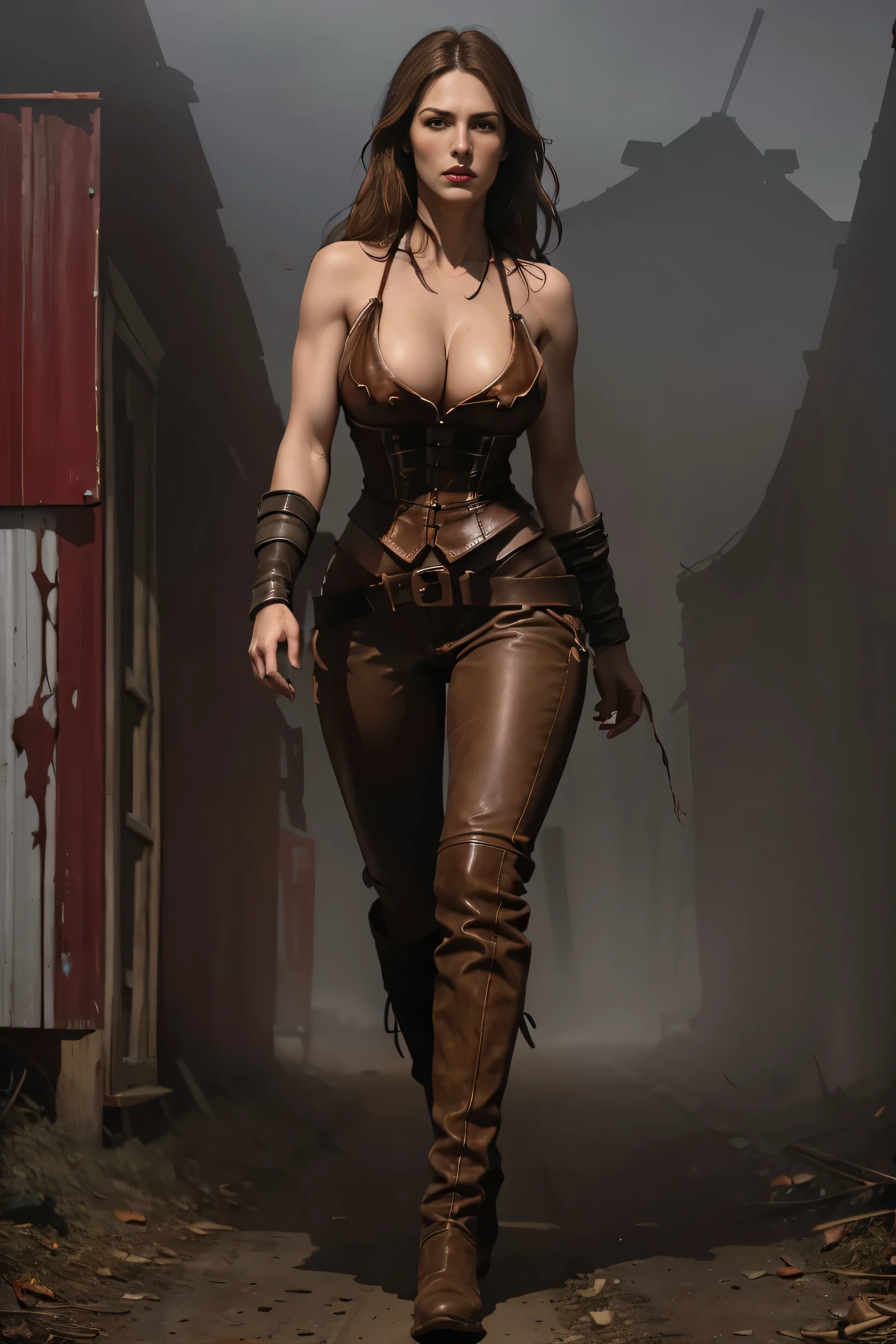 circa 1880s full body western girl, long brown straight hair, brown eyes, high arched eyebrows, long graceful neck, red lips, ?????????????, tight brown leather pants, sleeveless brown leather vest, leather western boots, deserted uninhabited North American small town walking on a dusty sandy street with the wind blowing her hair, realistic, photorealistic, photorealistic, horror, dark and gloomy atmosphere with dramatic lighting, dull reddish colors, Foggy environment, detailed facial expressions, Horrible fog