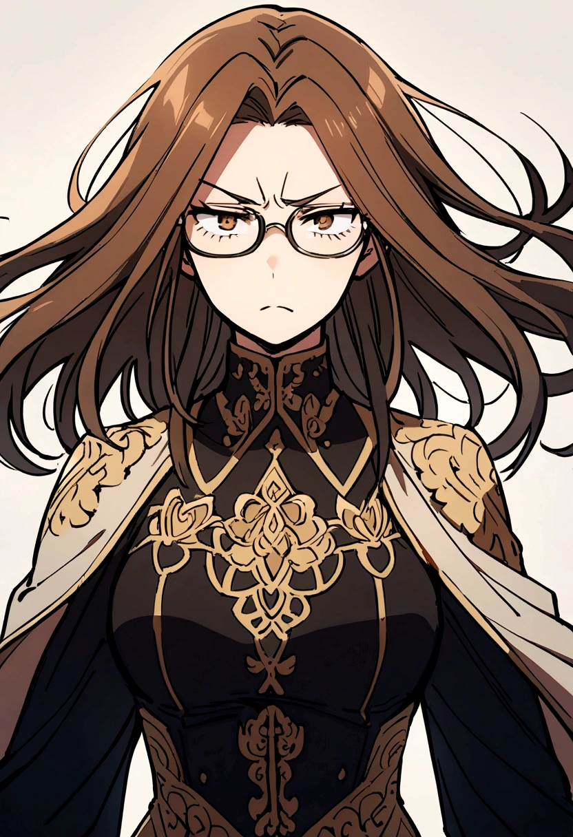 Girl with shoulder length hair. Brown hair with black streaks. Thin glasses. Mean expression. 