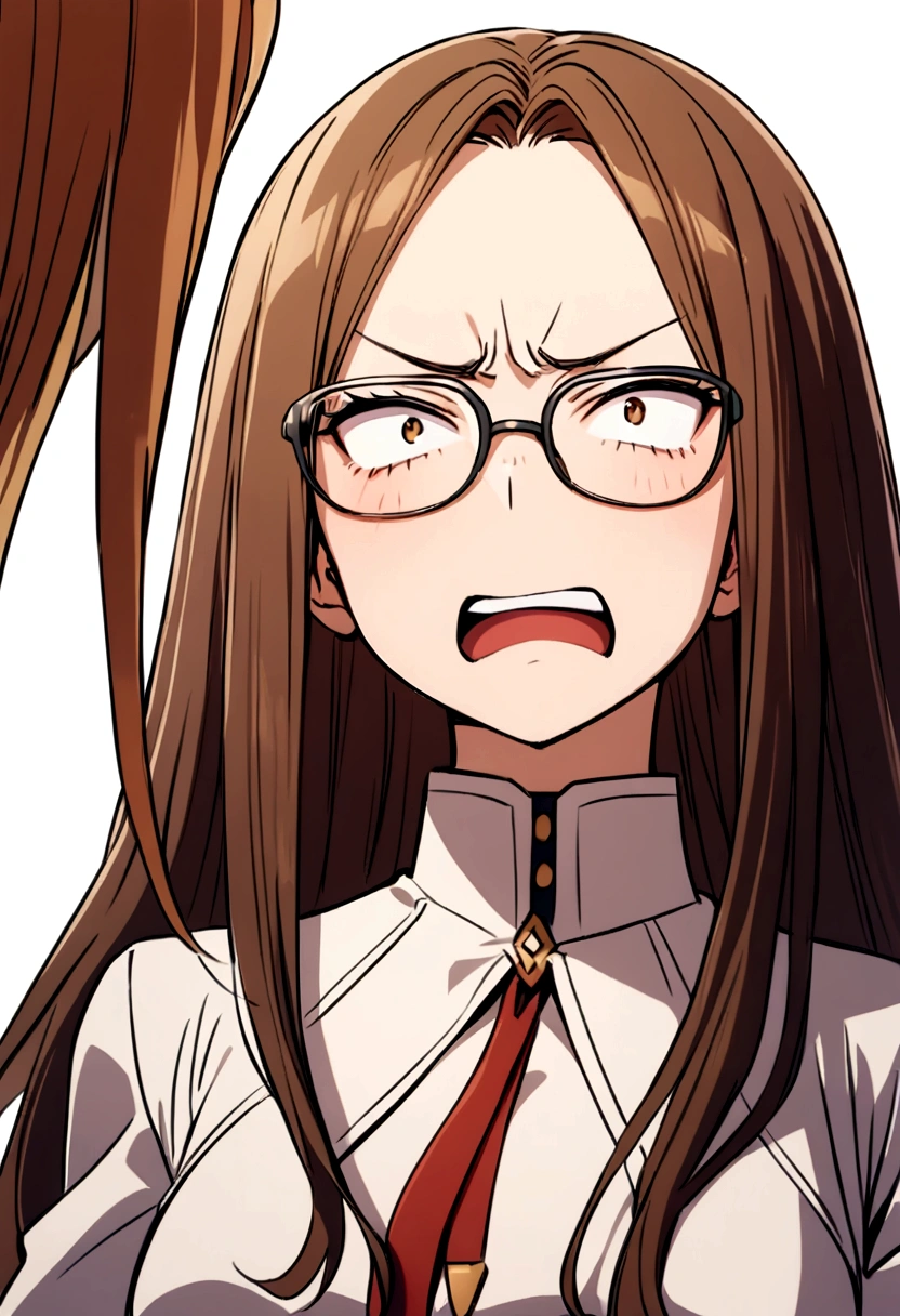 Girl with shoulder length hair. Brown hair with black streaks. Thin glasses. Mean expression. 