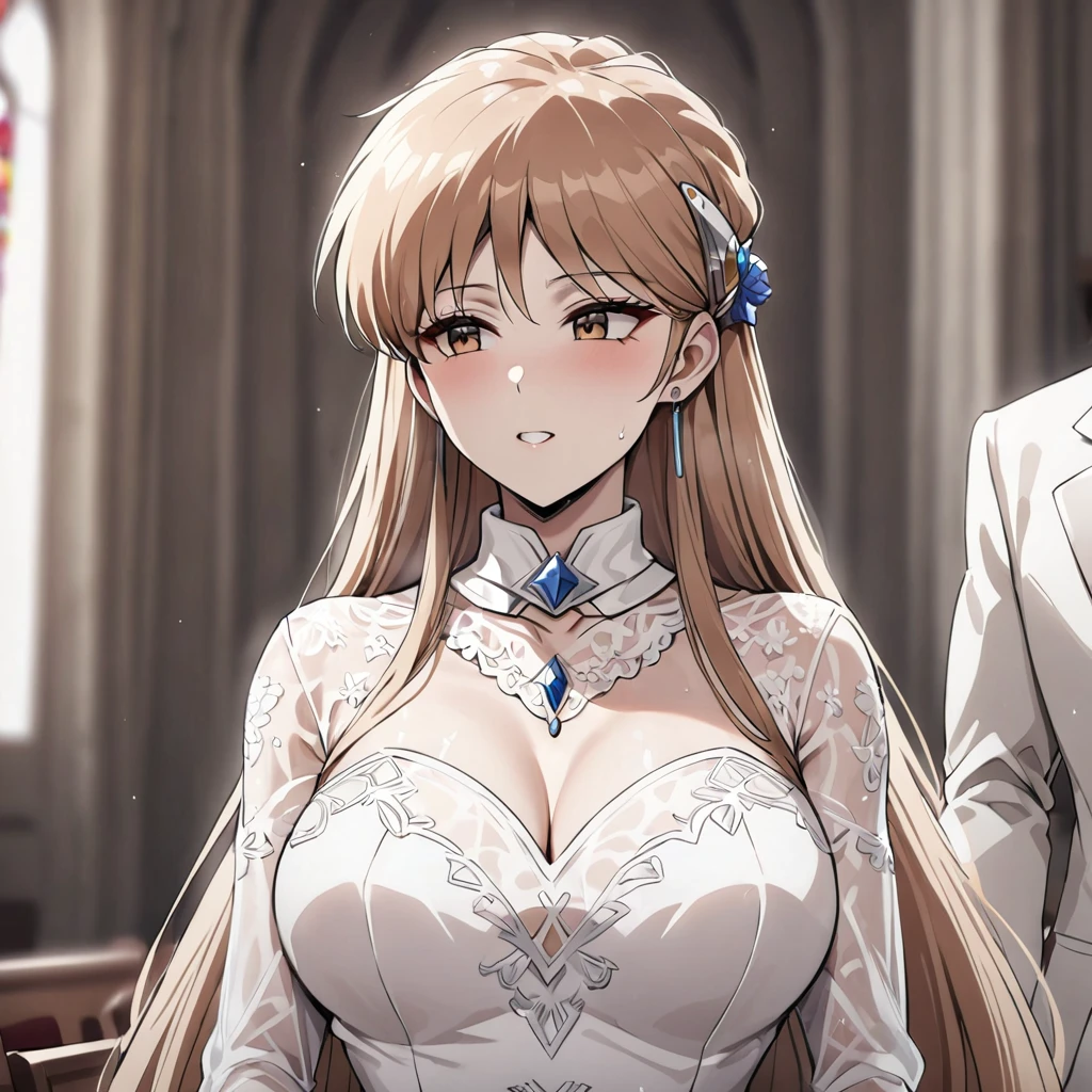 ((Highest quality)), ((masterpiece)), (detailed), （Perfect Face）、The woman is Princess Leona, with long light brown hair and a gorgeous wedding dress.、A woman is getting married to an older man in a white tuxedo at a fancy church wedding hall.、The woman has long hair