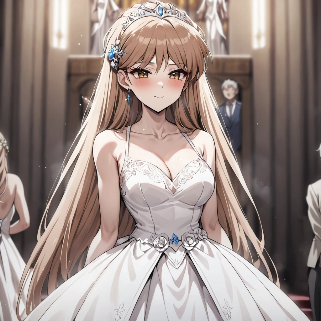 ((Highest quality)), ((masterpiece)), (detailed), （Perfect Face）、The woman is Princess Leona, with long light brown hair and a gorgeous wedding dress.、A woman is getting married to an older man in a white tuxedo at a fancy church wedding hall.、The woman has long hair