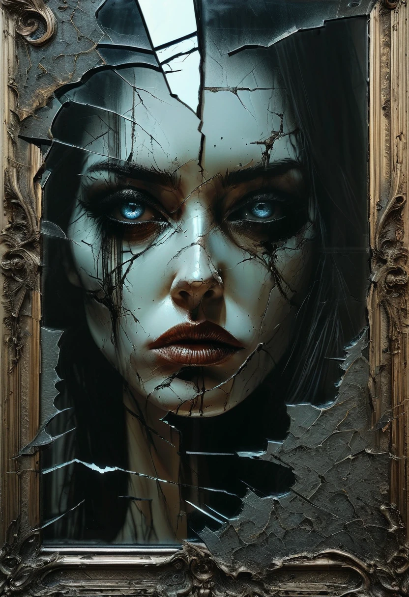 Beautiful woman, cracked mirror, many cracks in the mirror, reflections, detailed face, detailed eyes, insanely detailed, concept art by Stephen Gammell, Pino Daheny, Jeremy Mann, Alex Maleev, Karn_Griffiths, 32k, studio cinematic lighting, oil on canvas, fine art, super-efficient light, sharp focus, graininess, a sense of passion, perfect body proportions, ultra hd, realistic, vivid colors, highly detailed, UHD drawing, pen and ink, perfect composition, beautiful detailed intricate insanely detailed octane render trending on artstation, 8k artistic photography, photorealistic concept art, soft natural volumetric cinematic perfect light