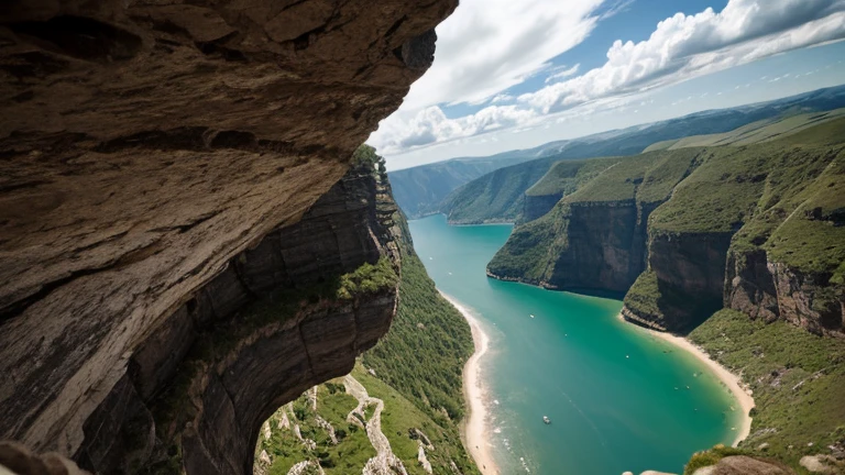 POV from the back of a flying dragon down onto a fantasy landscape below, dragons body, head an wings in view, dynamic angle