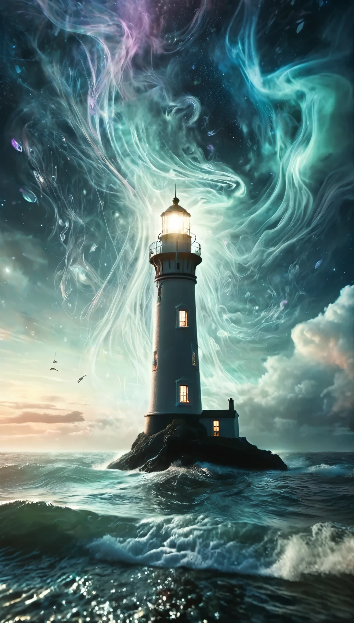 a majestic lighthouse standing amidst a swirling galaxy of neon lights and cosmic clouds. The lighthouse itself is adorned with intricate patterns resembling constellations, casting a brilliant beam of light that merges with the aurora borealis dancing overhead. Surrounding the scene are whimsical creatures inspired by deep-sea bioluminescence, gently floating in the ether like ethereal guardians. The entire composition is bathed in a surreal, otherworldly glow, blending elements of fantasy and cosmic wonder.