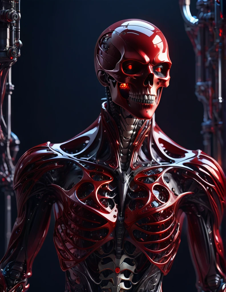 Complex 3d rendering ultra-detailed vampire , biomechanical robot, simulated 150mm shot, beautiful natural soft edge light, crystal , roots, delicate lace, colorful details, intricate details, mesh threads, mandelbro fractals, body muscles, cable wires, microchips, badasses, surreal, ultra-detailed, octane rendering, volumetric lighting, 8k post-production, Red and dark red color , metallic skeleton details, vampire , futuristic vampire , power of vampire , Techwear, guns, half vampire half humanoid,