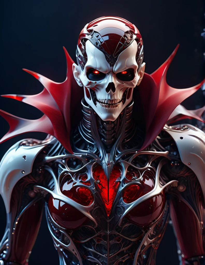 Complex 3d rendering ultra-detailed vampire , biomechanical robot, simulated 150mm shot, beautiful natural soft edge light, crystal , roots, delicate lace, colorful details, intricate details, mesh threads, mandelbro fractals, body muscles, cable wires, microchips, badasses, surreal, ultra-detailed, octane rendering, volumetric lighting, 8k post-production, Red and dark red color , metallic skeleton details, vampire , futuristic vampire , power of vampire , Techwear, guns, half vampire half humanoid, 