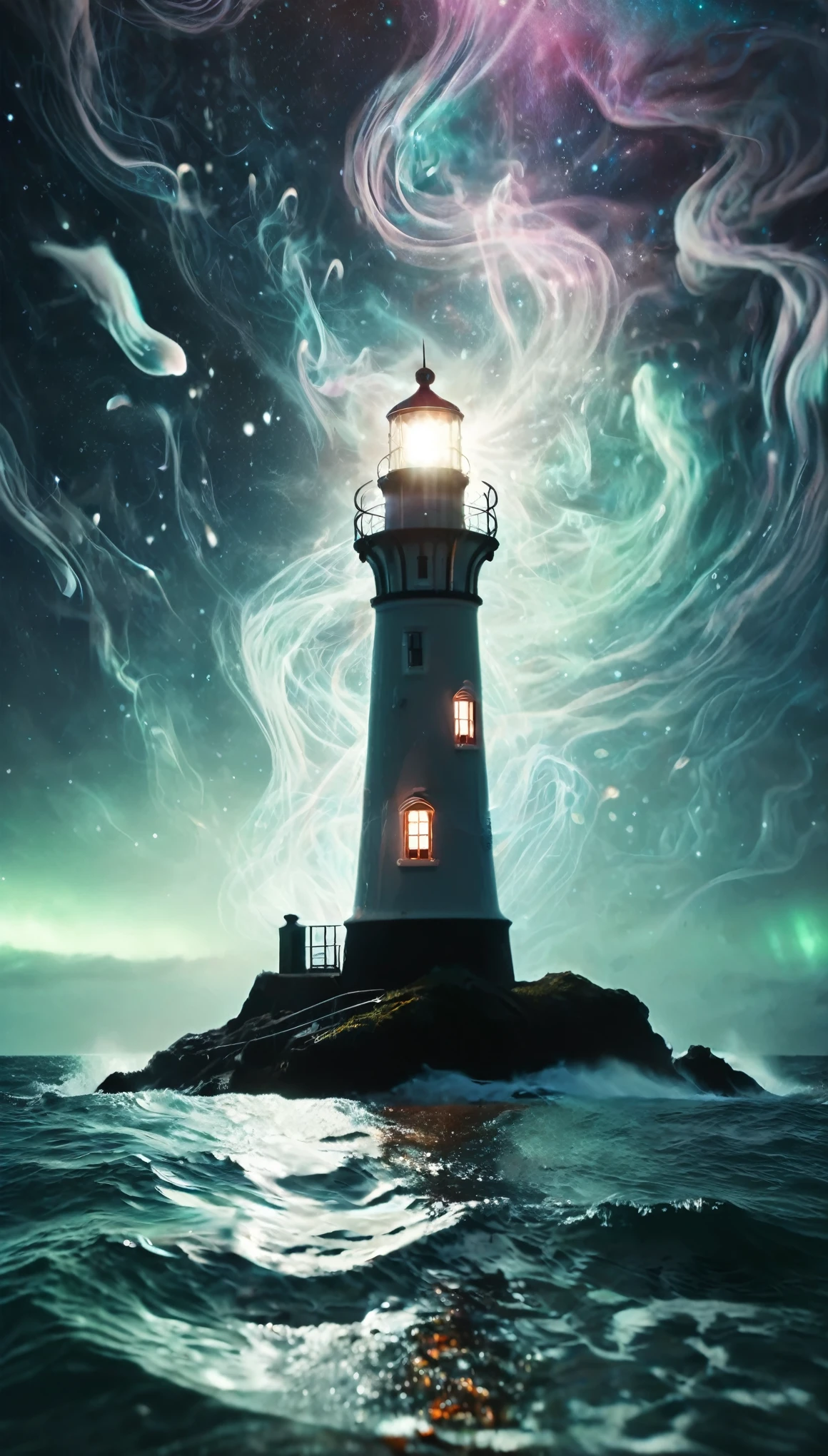 a majestic lighthouse standing amidst a swirling galaxy of neon lights and cosmic clouds. The lighthouse itself is adorned with intricate patterns resembling constellations, casting a brilliant beam of light that merges with the aurora borealis dancing overhead. Surrounding the scene are whimsical creatures inspired by deep-sea bioluminescence, gently floating in the ether like ethereal guardians. The entire composition is bathed in a surreal, otherworldly glow, blending elements of fantasy and cosmic wonder.