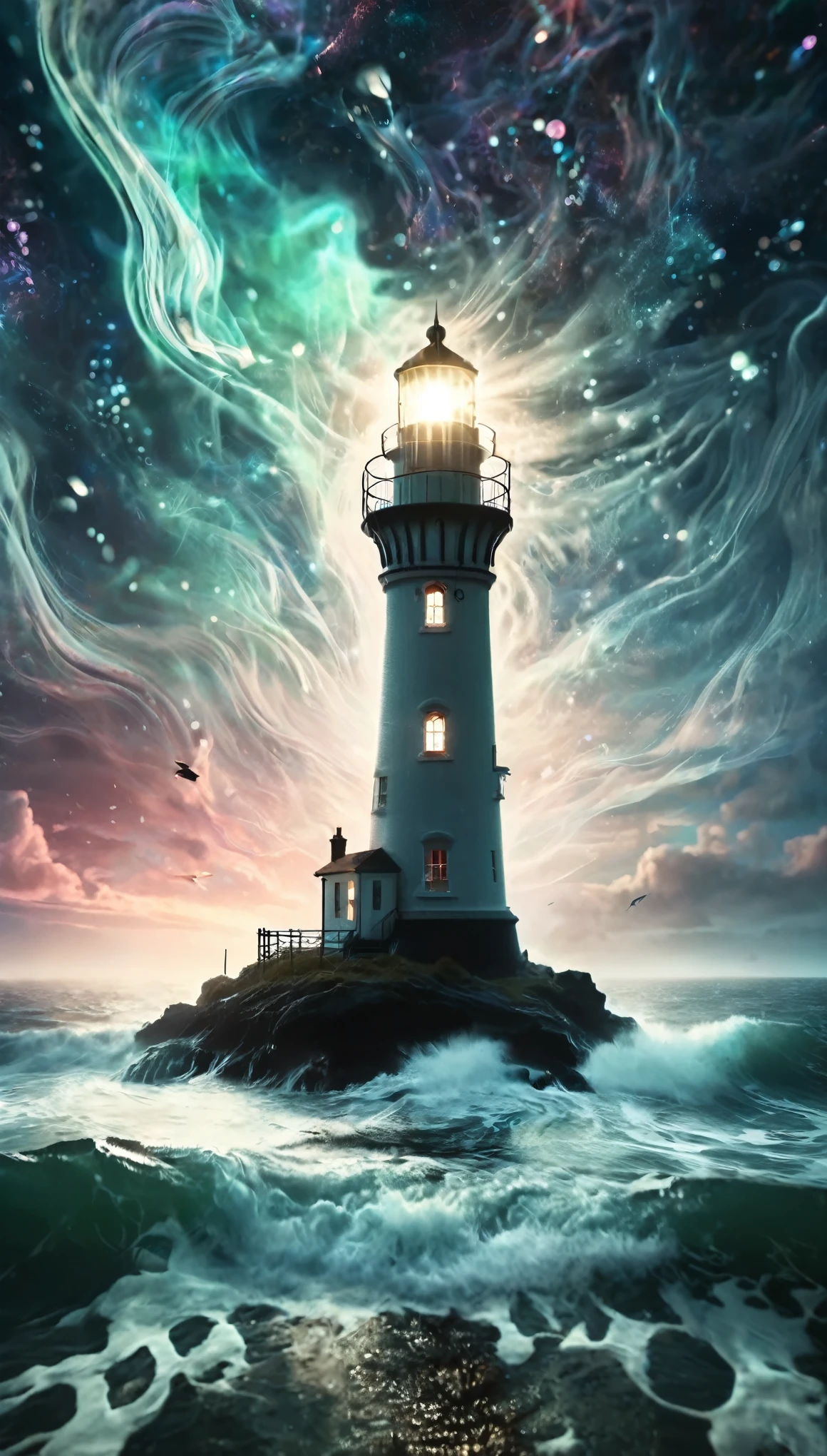 a majestic lighthouse standing amidst a swirling galaxy of neon lights and cosmic clouds. The lighthouse itself is adorned with intricate patterns resembling constellations, casting a brilliant beam of light that merges with the aurora borealis dancing overhead. Surrounding the scene are whimsical creatures inspired by deep-sea bioluminescence, gently floating in the ether like ethereal guardians. The entire composition is bathed in a surreal, otherworldly glow, blending elements of fantasy and cosmic wonder.