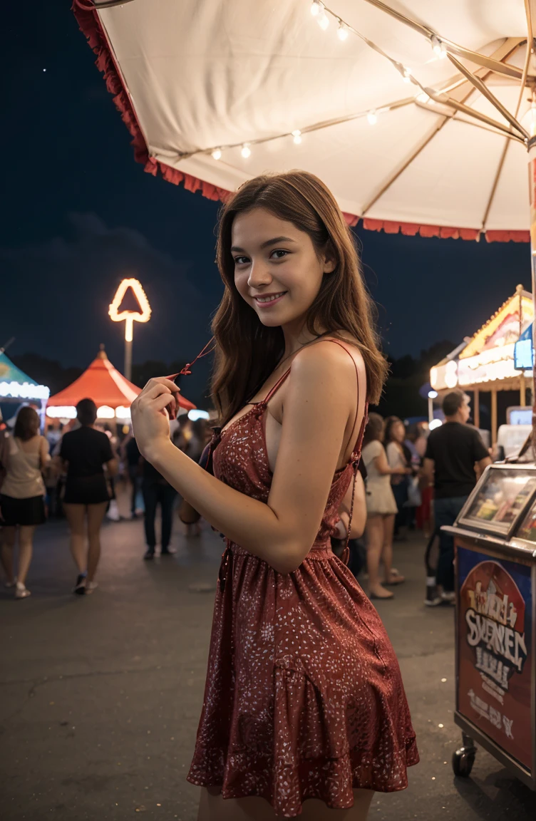 a girl wearing Sundress in a carnival red,looks happy,night time