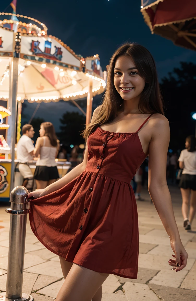 a girl wearing Sundress in a carnival red,looks happy,night time