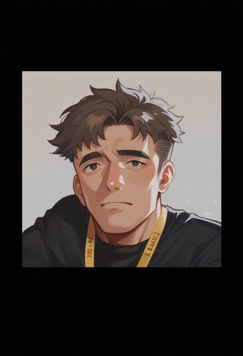 arafed man with a black shirt and a yellow lanyard around his neck, riyahd cassiem, ismail, around 1 9 years old, very very low quality picture, profile shot, emad mostaque, frontal picture, headshot profile picture, mohamed chahin, 18 years old, taken in the early 2020s, asher duran