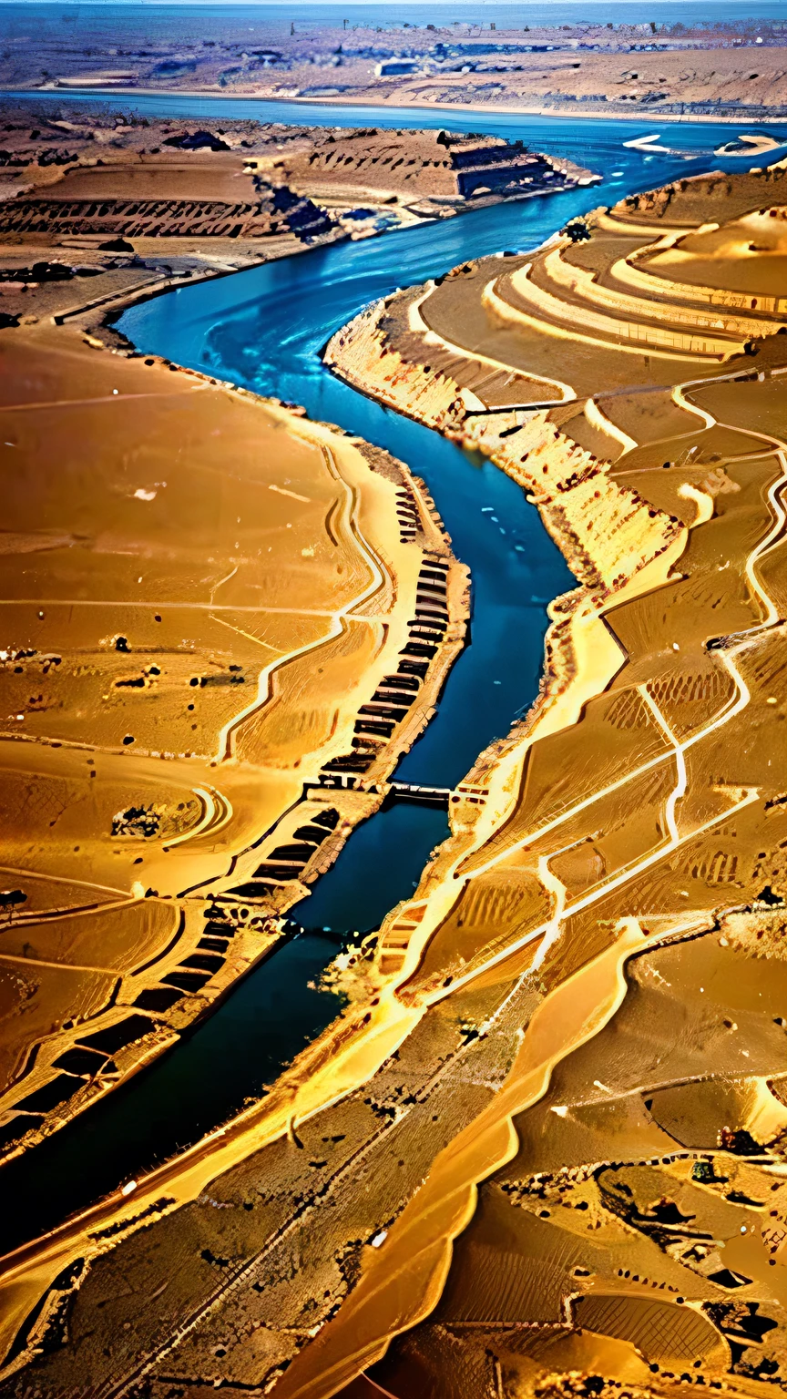 image of a landscape in antique egypt, we can see the nile running in the middle