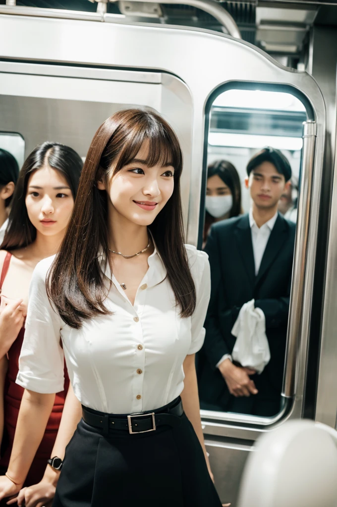 A packed train in tokyo, office ladies commuting to work, suits, people standing so close together that their bodies are touching, ((full body)), ((photo)), ((best qualtiy, 8K, tmasterpiece:1.3)), Focus:1.2, perfect figure beautiful girl:1.4, 1girl, cowboy shot, look at viewer, incredibly absurd, beautiful and cute girl with a photorealistic face, showcasing top-quality craftsmanship, A Japanese woman looking cramped on a crowded train, 20 years old, long dark brown hair that falls to her shoulders, long shiny hair, with bangs, side parted hairstyle, brown eyes, round face, small nose, cherry red lips, bright smile, white teeth, smooth skin, healthy complexion, small ears, natural eyebrows, long eyelashes, slim, well-balanced proportions, moderate muscle, slim waist, round , supple limbs, short nails, beautiful C cup , white blouse, black tight skirt, heeled pumps, silver necklace and bracelet, black belt, pretty older woman, beautiful, neat, soothing, cute voice, polite, kind-hearted, responsible, positive, optimistic, sociable, good communication skills, April