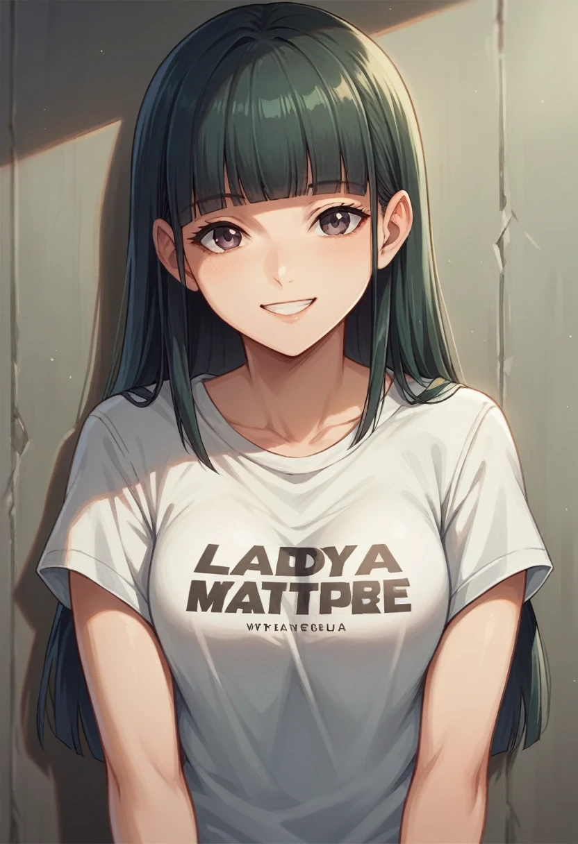 anime production:1.3,masterpiece, best quality,(lady),t-shirt,look at viewer,smile,blunt bangs,