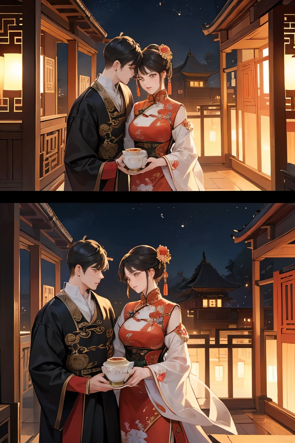 (Ultra-detailed, romantic atmosphere, best quality, ancient Chinese setting)
1.2 Male and Female, both adorned in traditional Chinese clothing, facing each other in a tender embrace. The background showcases an intricately designed Chinese-style house, with a romantic ambiance painting the scene. Detailed woodwork, delicate patterns, and time-honored architecture are all components of the detailed background. An exquisite piece of art evoking the essence of ancient Chinese novels and their timeless romance.