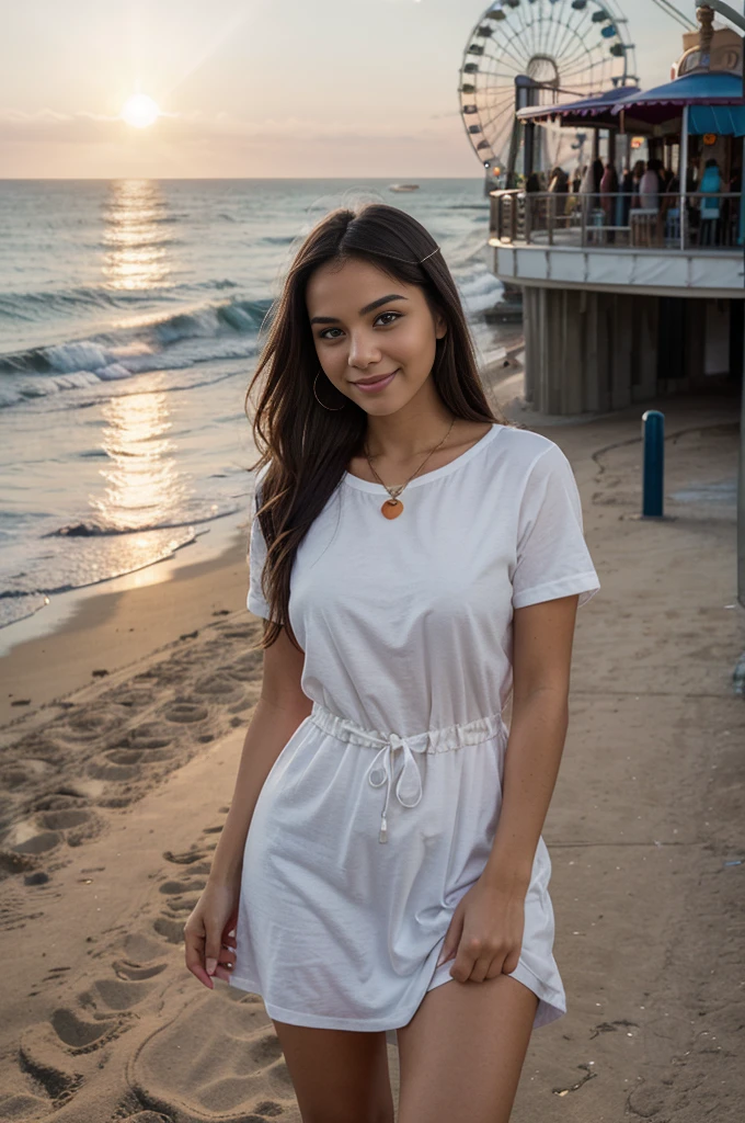 A photorealistic portrait of a 21-year-old Colombian girl with long, flowing dark hair and striking dark eyes. She should have a relaxed, happy expression and be illuminated by the golden hour sunlight. The background should depict the iconic Santa Monica Pier, with its colorful Ferris wheel, amusement park rides, and the expansive beach. She is walking along the pier, wearing a trendy summer outfit, with the ocean and setting sun creating a picturesque scene behind her. Capture this moment with a high-resolution photograph using an 85mm lens to highlight her joy and the beautiful coastal setting.