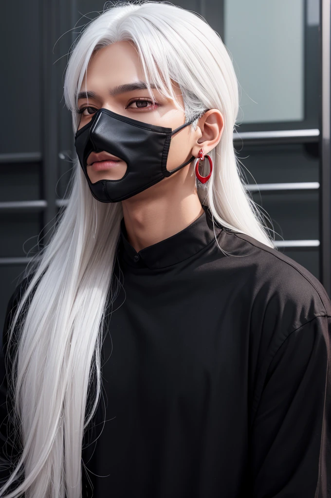 boy, brown skinned , black long sleeve shirt , straight white hair , black mask , Red eyes, cross earrings