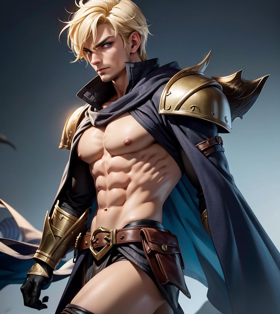(((Solo character image.))) (((Generate a single character image.)))  (((Dressed in medieval fantasy attire.))) (((Very   expression.))) Generate a male fantasy character who is a good looking, handsome criminal.  He is a shifty and suspicious individual who is untrustworthy and somewhat sinister.  But he is a confidence trickster. Shoulder-length blond hair.  He looks like a dangerous man.  Handsome.  Intense stare.  He looks like a very  male villain for a fantasy setting.  ((( attractive.)))  (((Looks like a , muscular male model for a fantasy setting.)))