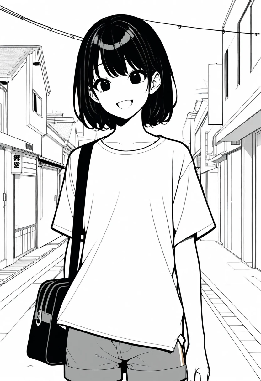 ​masterpiece, best quality, 1girl, jyt:4, grayscale, style: manga, japanese, chi no wadachi, black eyes, street, iced, black hair, schoolbag, smile, lineart, white background, white shirt, grey shorts,
