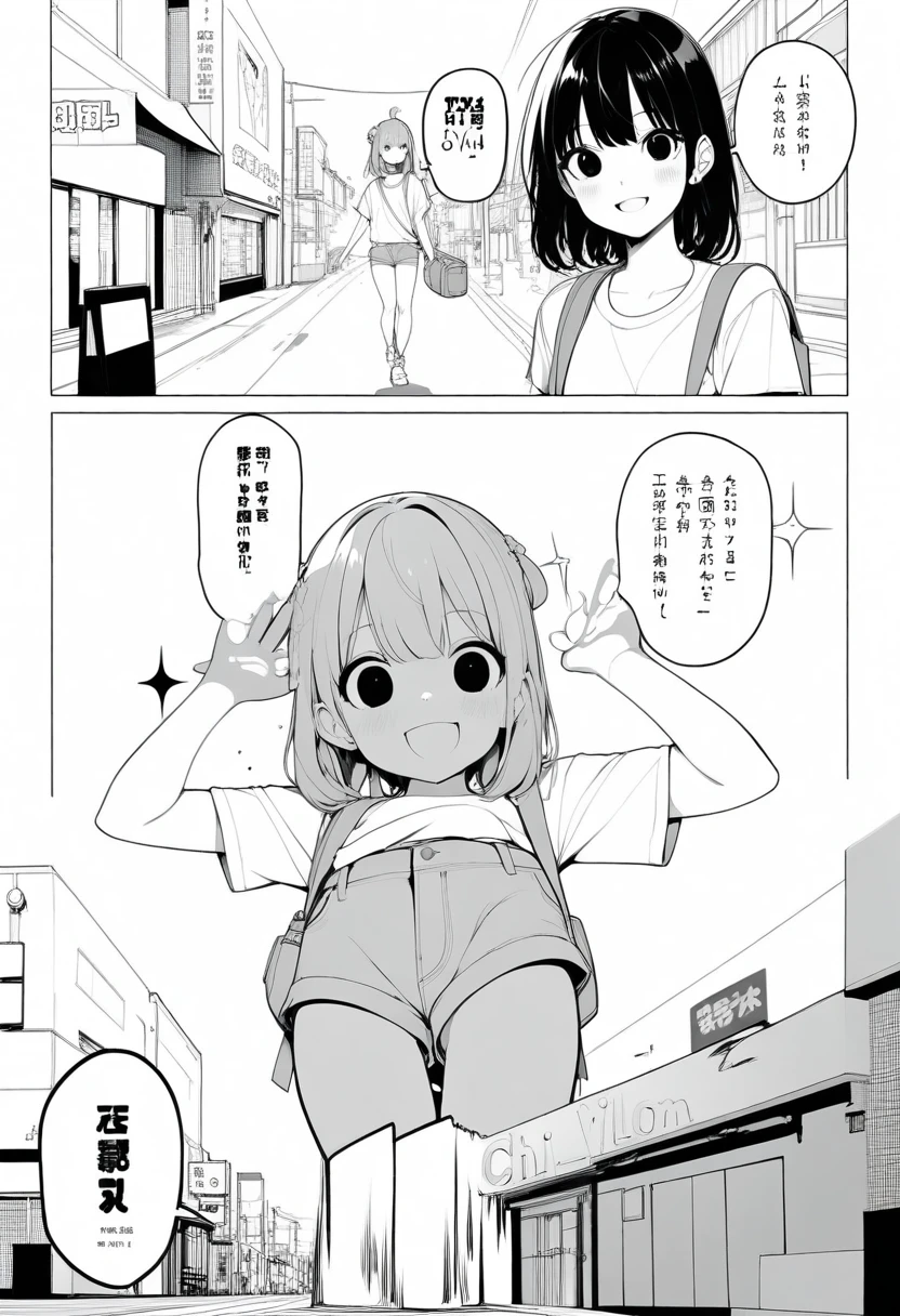 masterpiece, best quality, 1girl, jyt:4, grayscale, style: manga, japanese, chi no wadachi, black eyes, street, iced, black hair, schoolbag, smile, lineart, white background, white shirt, grey shorts,