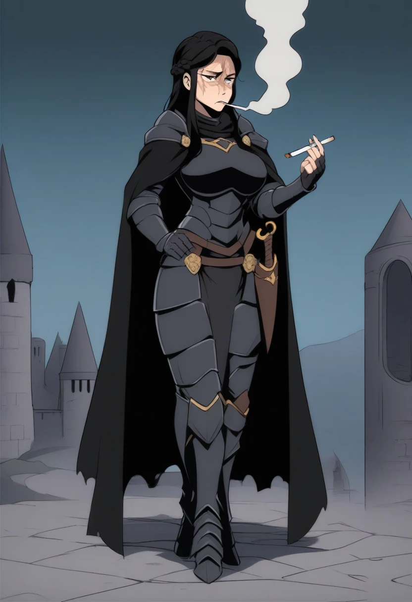 {{full body}} {{Artist: aitsuwu)}} 1woman, mature woman, french braid, long hair, tall, black hair, golden eyes, looking tired, scar over left eye, black cloak, cape, black cape, looking down at viewer, smoking, dagger at hip, dagger, castle background, dark fantasy, cigarette in mouth, smoke from cigarette, detailed background, cold expression, armored, wearing armor, stern expression, fully clothed