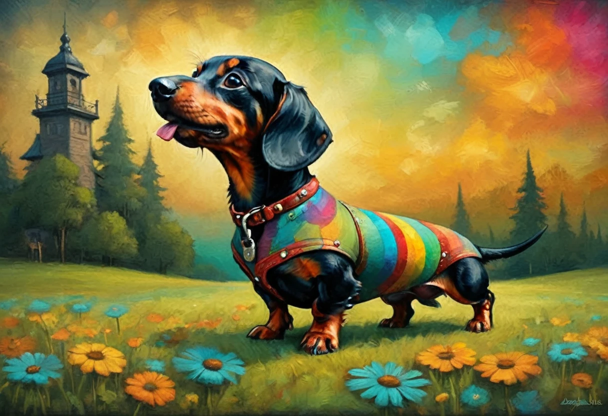 funny flyer Dachshund stimpunk ( stile by Andy-Kehoe), very colorful, ((oil painting palette)), ((masterpiece)), extreme detail, perspective, 8k
