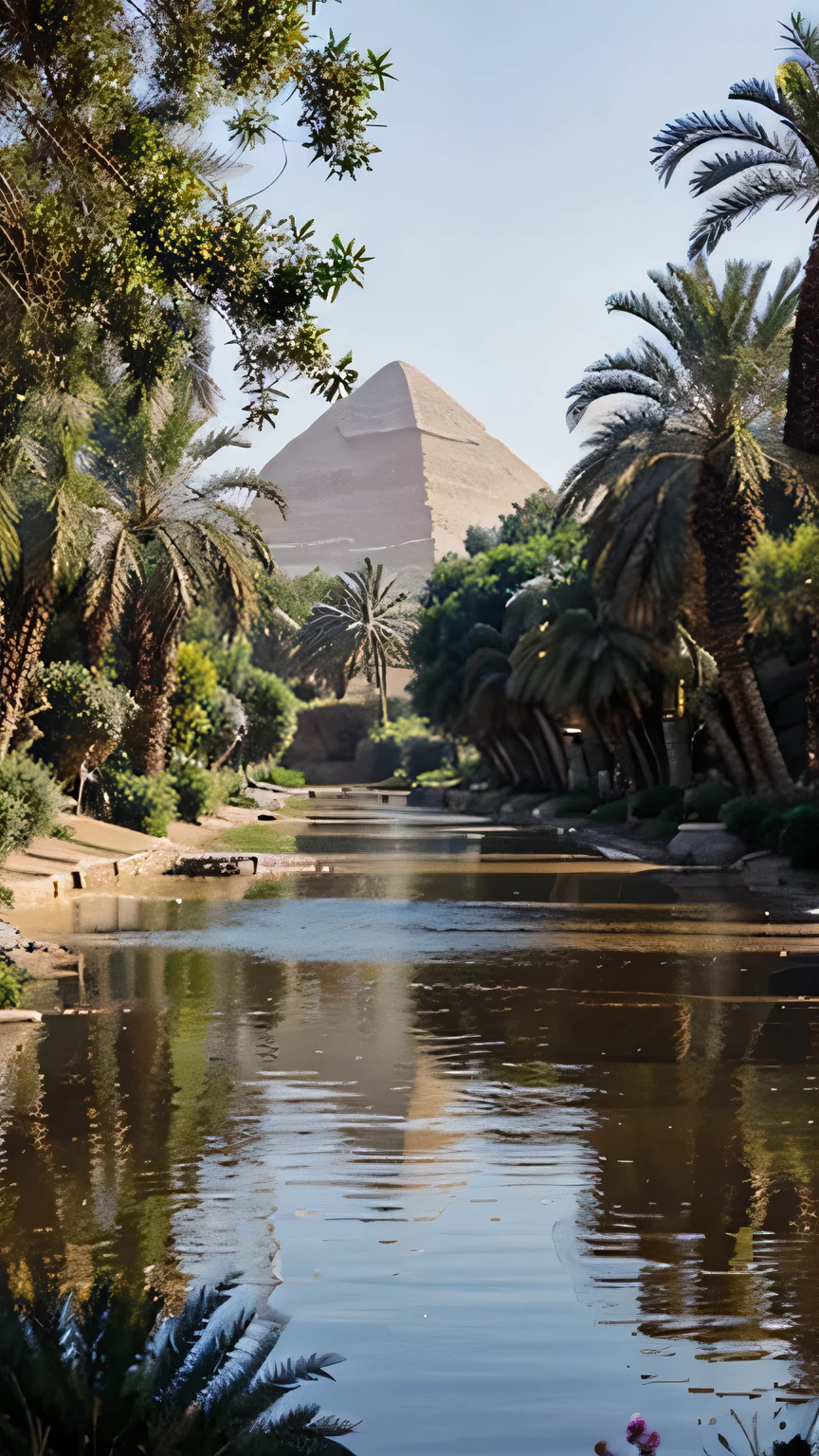 image of a landscape in antique egypt, we can see the nile running in the middle