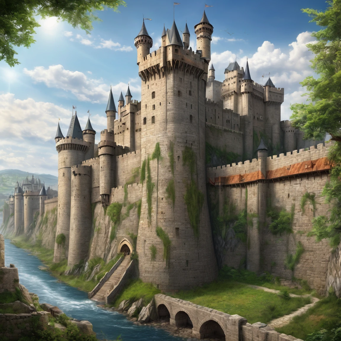 (best quality)), ((masterpiece)), ((realistic,digital art)), (super detailed), (gigantic wall of a fortified city), (medieval fantasy style), front view