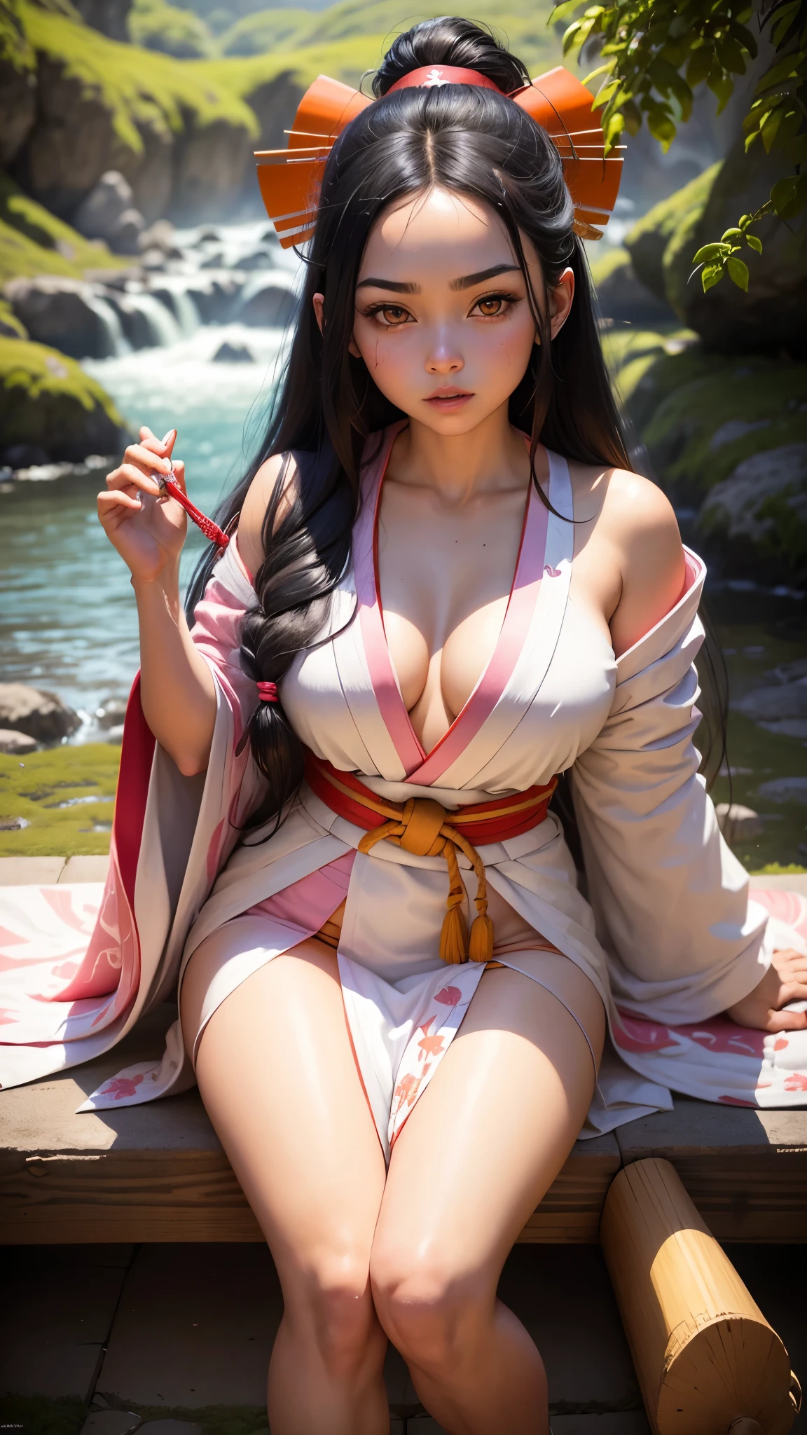 Imagine a young woman with long black hair with orange tips, big, bright pink eyes, and pale skin. She wears a pink kimono with white geometric details and a red obi., tied with a big bow on the back. Your feet are bare or wrapped in straw sandals, typical of ancient Japan. 

Nezuko carries a piece of bamboo tied with a red ribbon in her mouth., a symbol of the internal struggle to contain your demonic nature. Your face is a mix of innocence and determination, expressing the duality of his existence as human and demon.

in combat, she can be seen with a powerful aura, your body changing size, reflecting his superhuman strength. Seu olhar, although fierce, still carries the kindness and love for his brother, demonstrating that, apesar de tudo, the humanity within her still prevails.