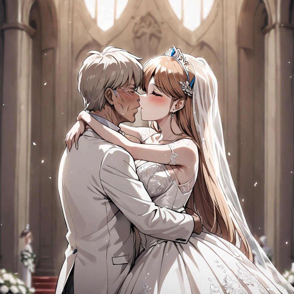 ((Highest quality)), ((masterpiece)), (detailed), (Perfect Face)、The woman was Princess Leona, with long light brown hair and a gorgeous, glittering wedding dress and wedding veil.、In a luxurious church wedding hall, a woman is embracing an elderly man in a white tuxedo and kissing him in a wedding ceremony.、The woman has long hair