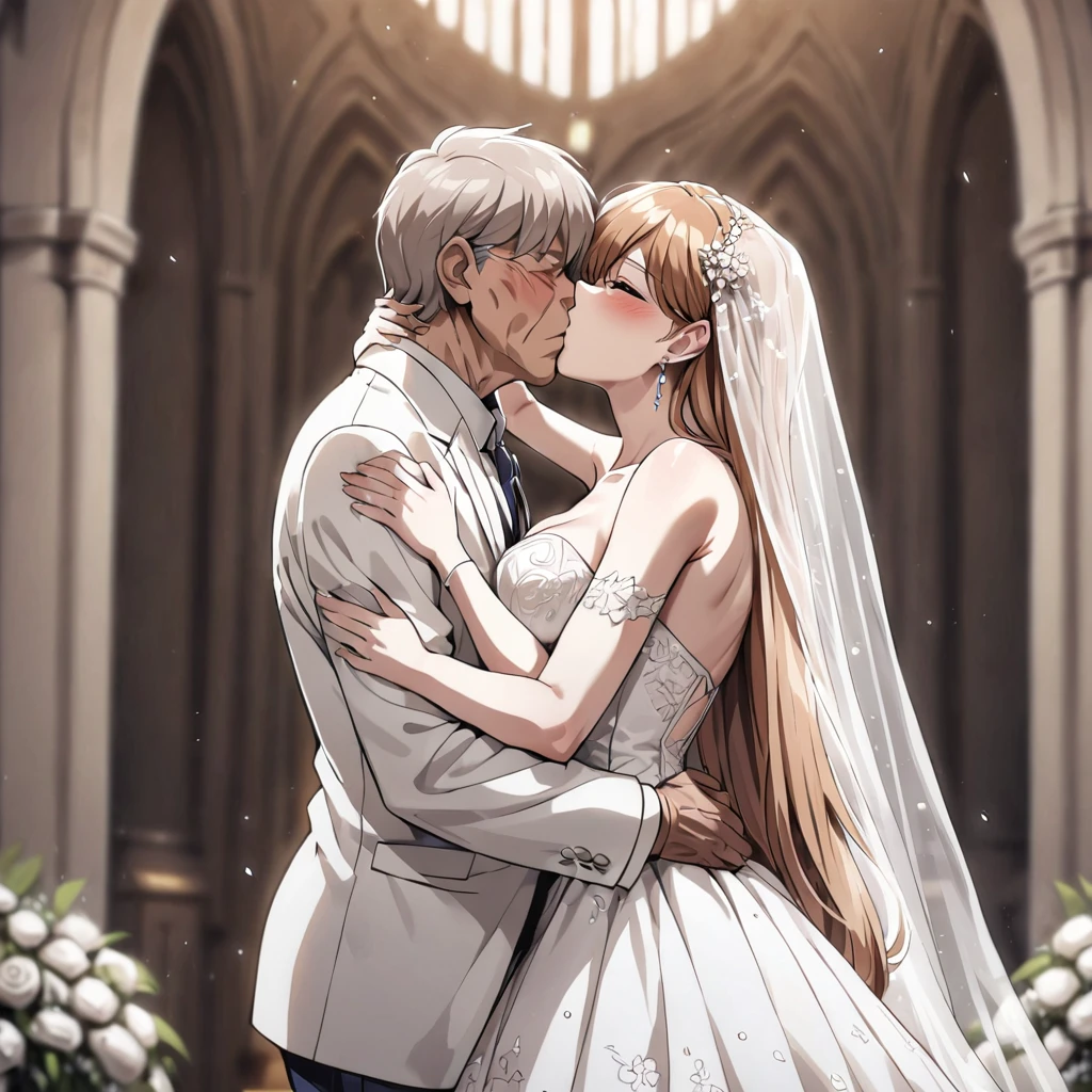 ((Highest quality)), ((masterpiece)), (detailed), （Perfect Face）、The woman was Princess Leona, with long light brown hair and a gorgeous, glittering wedding dress and wedding veil.、In a luxurious church wedding hall, a woman is embracing an elderly man in a white tuxedo and kissing him in a wedding ceremony.、The woman has long hair