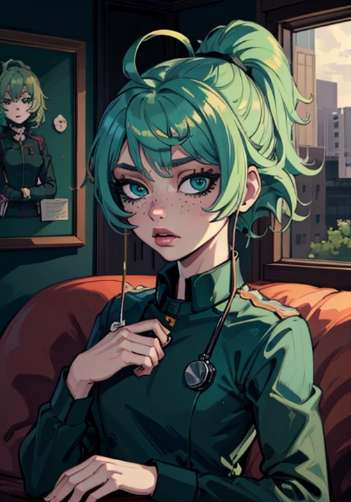 Masterpiece, best quality, college student, centered in frame, portrait, female, pale skin, stressed expression, stethoscope, busty, smoking cigarette, eye bags, nervous, peach lips, ponytail, pastel green hair, couch landscape, green eyes, paramedic uniform, green freckles, beautiful,