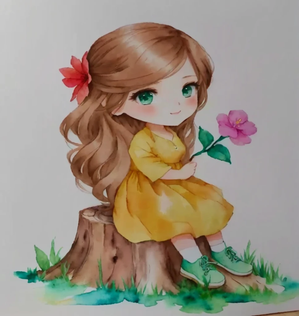 painting of one with a flower sitting on a tree stump, cute art style, realistic painting of beautiful girl, cute drawing, watercolor colored painting, chibi girl, cute portrait, portrait of a beautiful girl, Watercolor painting, beautiful drawing style, watercolor drawing, chibi art, traditional art, cute digital art, cute cartoon character, water color on paper, beautiful painting