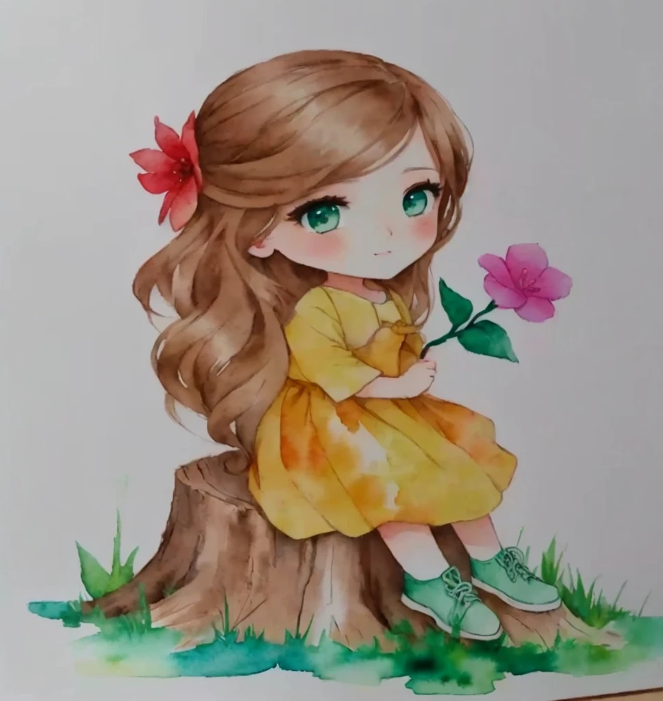 painting of one with a flower sitting on a tree stump, cute art style, realistic painting of beautiful girl, cute drawing, watercolor colored painting, chibi girl, cute portrait, portrait of a beautiful girl, Watercolor painting, beautiful drawing style, watercolor drawing, chibi art, traditional art, cute digital art, cute cartoon character, water color on paper, beautiful painting