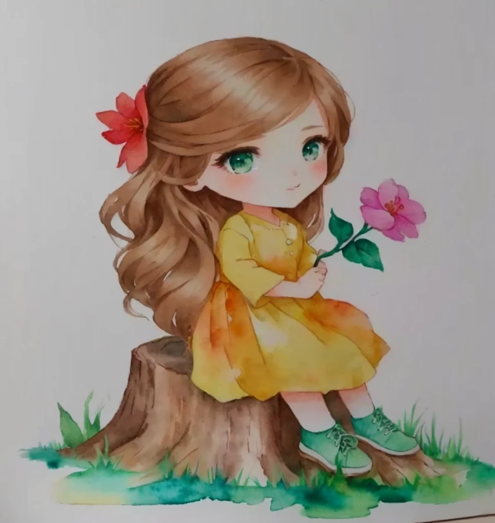 painting of one with a flower sitting on a tree stump, cute art style, realistic painting of beautiful girl, cute drawing, watercolor colored painting, chibi girl, cute portrait, portrait of a beautiful girl, Watercolor painting, beautiful drawing style, watercolor drawing, chibi art, traditional art, cute digital art, cute cartoon character, water color on paper, beautiful painting