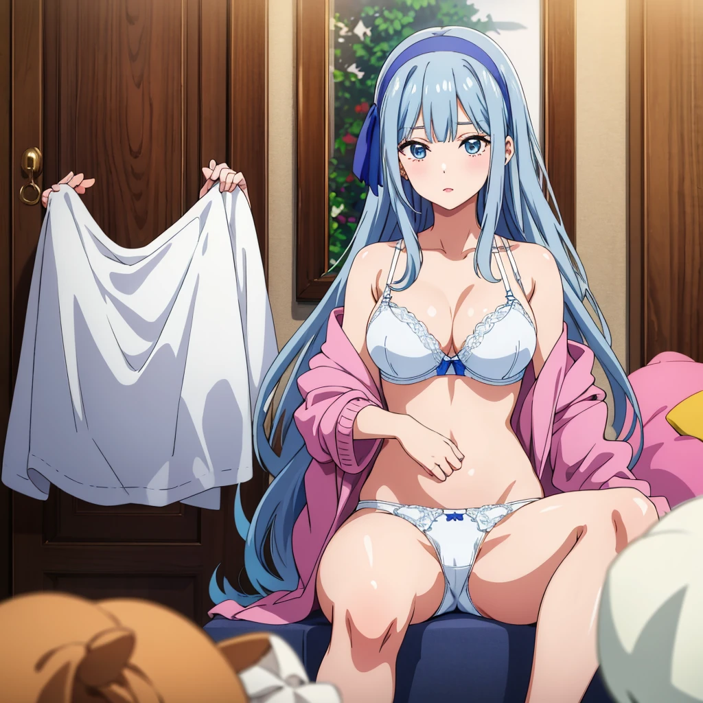 後ろからのアングル、おしりつきあげてる、White panties、White bra、In underwear、masterpiece, highest quality, 8K,Mylene HFV4, Anime Coloring, One girl, jewelry, hair band, blue hair band,Very long hair,Pink