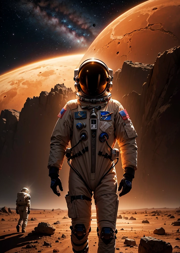 Create a painting depicting three astronauts walking at night on Mars. The scene should have a rocky terrain, with the Martian landscape illuminated by the dim light of distant stars and the astronauts' headlamps. The sky is dark and filled with stars, and the reddish hue of Mars' surface contrasts with the cold, dark night. The astronauts' suits should have reflective details that catch the light, adding a sense of realism and depth to the scene